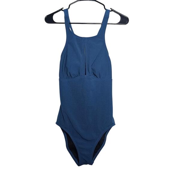 Kona sol Blue one piece swim suit size M ribbed key hole high neck racer back - Picture 1 of 7